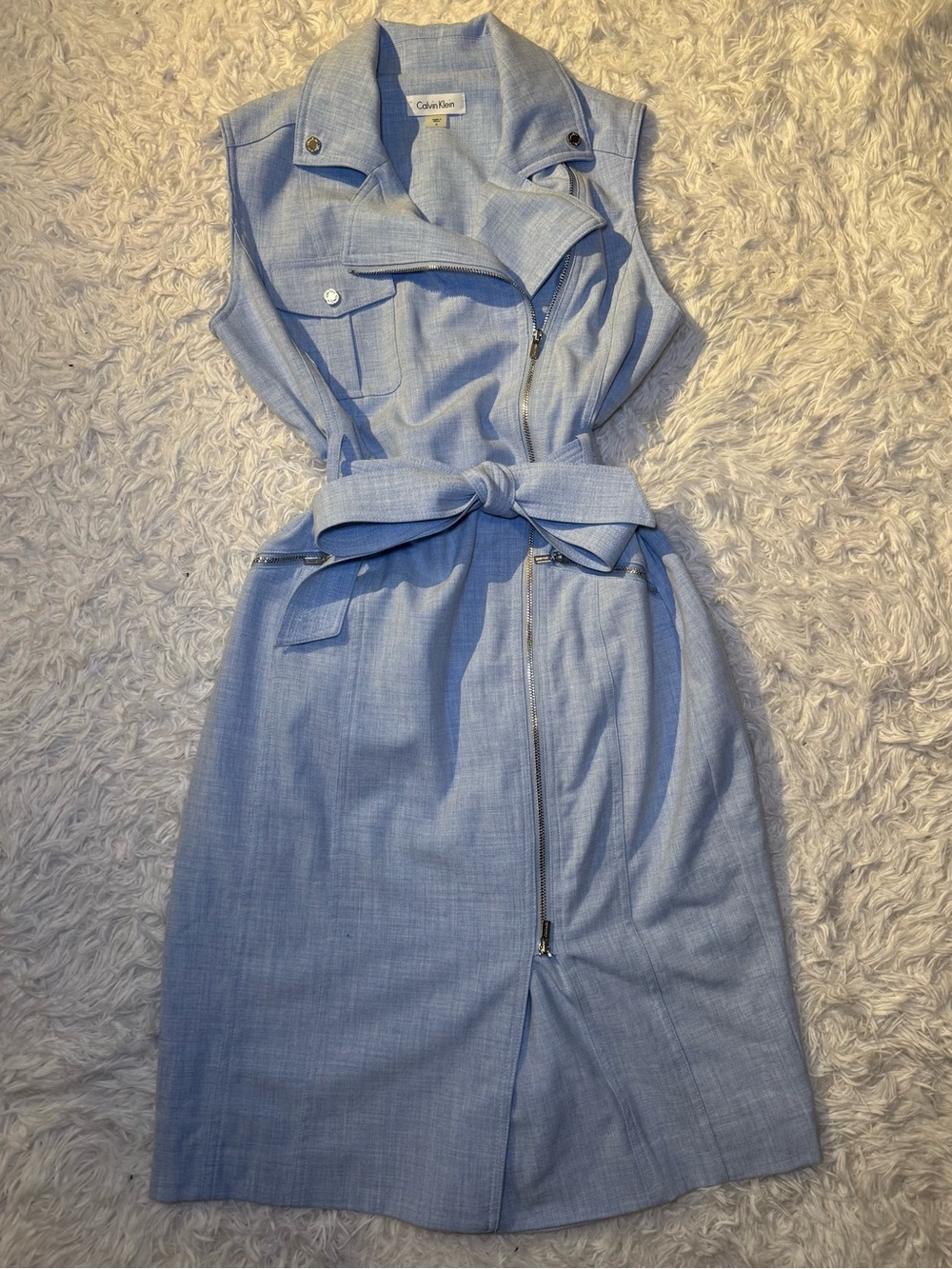 Calvin Klein Light Blue Sleeveless Zip-Front Belted Midi Dress - Picture 2 of 10